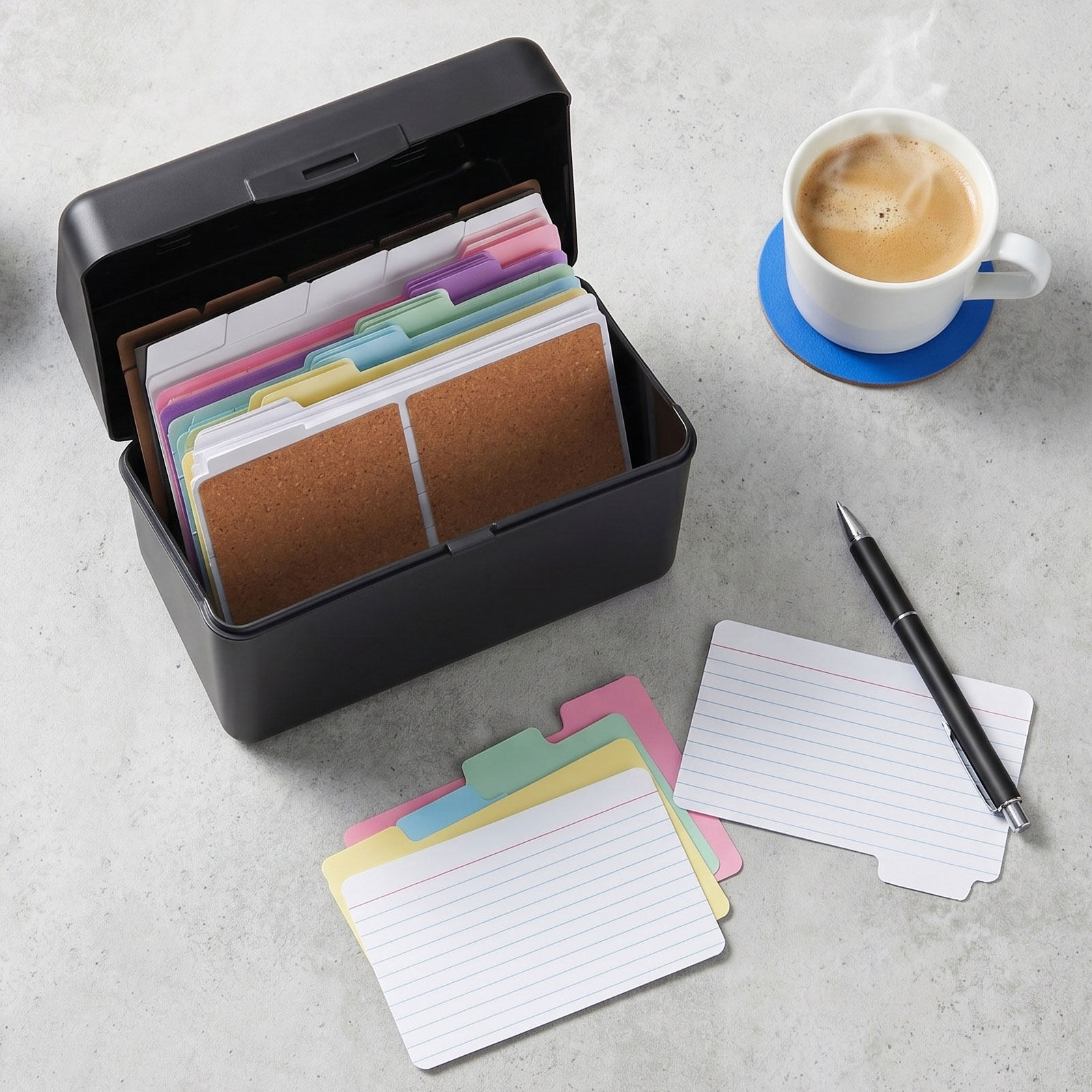Card Index Box - 2セット デスクトップカード収納ボックス ブラック インデックスカードオーガナイザーキット カラーライン入りカード メタルバインダー