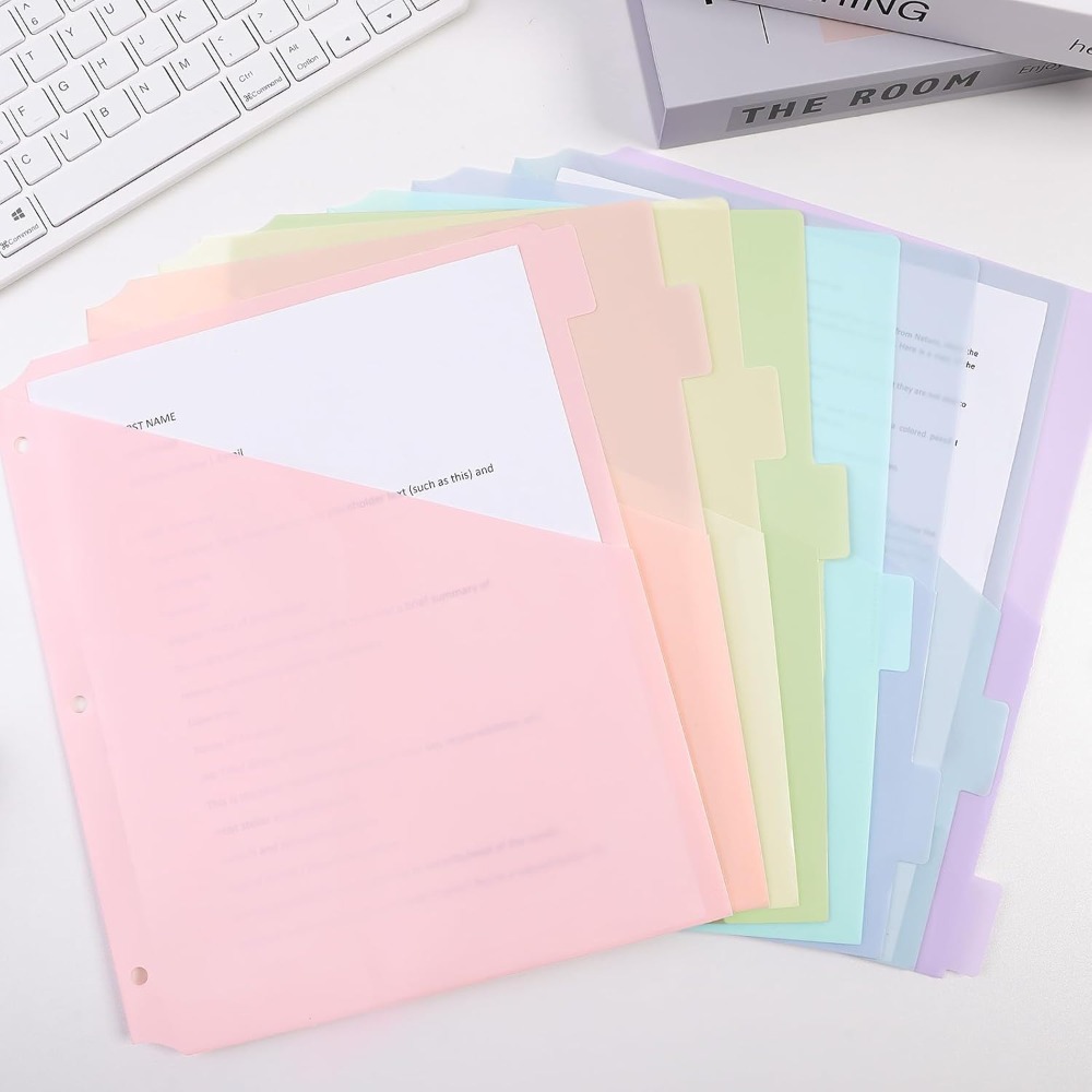Tab Divider A4 - A4パステルバインダーディバイダー8枚、3リングバインダー用シングルポケットディバイダー、8タブディバイダー、プラスチックファイルフォルダー