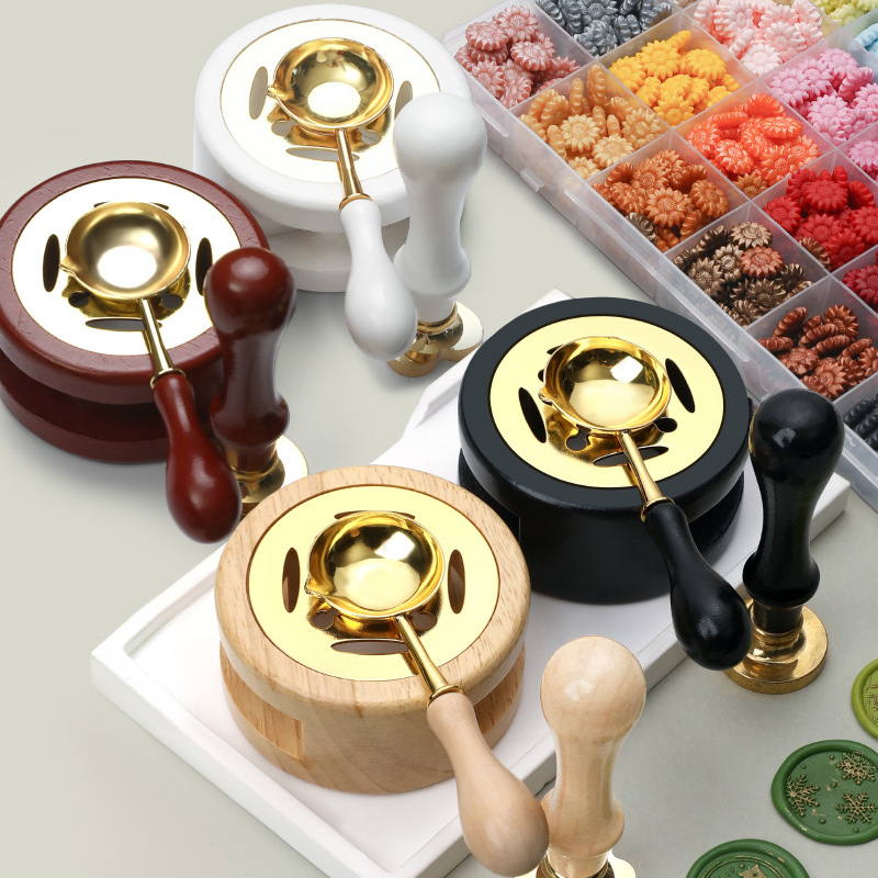Wax Seal Stamp Set - 【P】3個入りワックスシールスタンプセット、漆炉、木製ストーブ、ファイアーペイントシール用品、ワックススプーン、シーリングワックス溶解ポット、クラフト用品